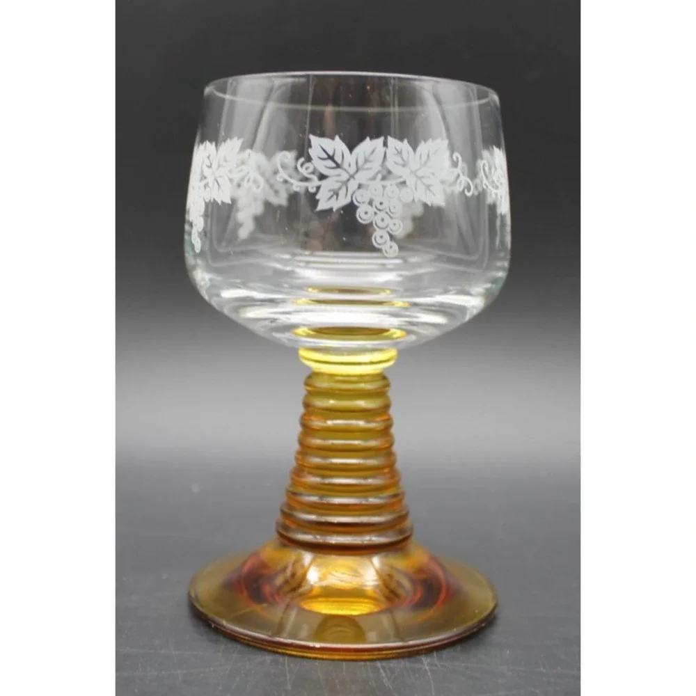 Vintage Romer Cordial Glasses Amber Beehive Stem Gold White Floral Set of 2